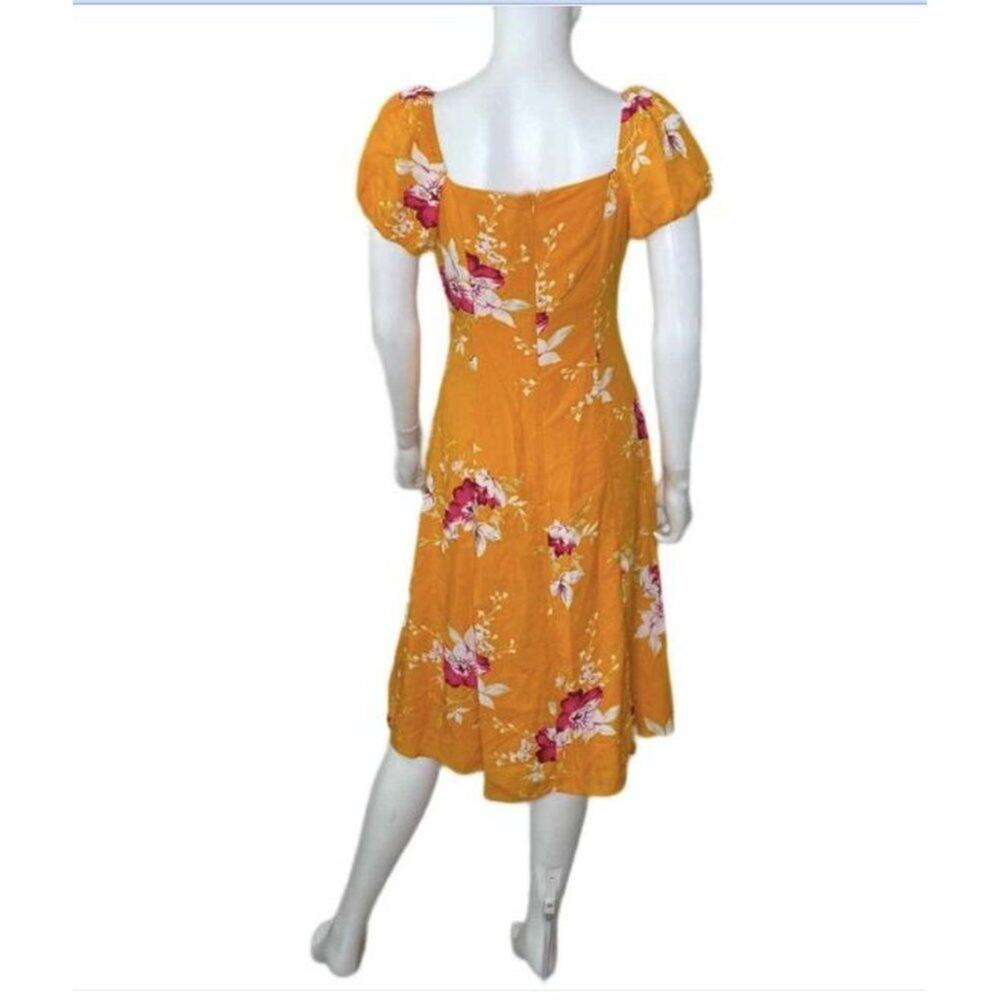 Lulus M Yellow Midi Dress Floral Front Slit Back Zip Feminine Quaint Puffed Chic - Picture 8 of 8